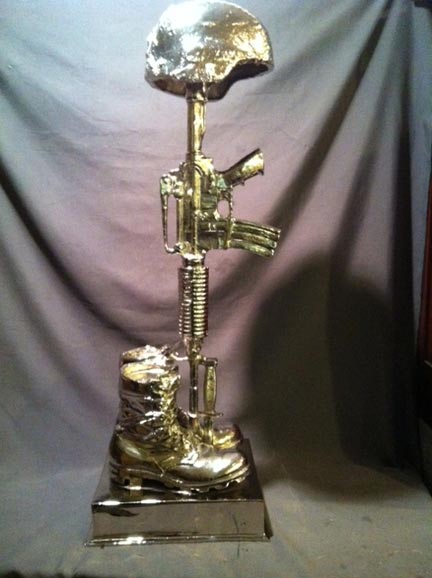 Chrome Battle Cross Fallen Soldier bronze statue