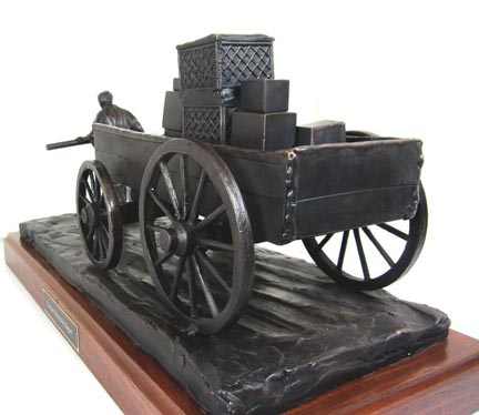 Man pulling 1800's Buckboard Wagon bronze statue 11