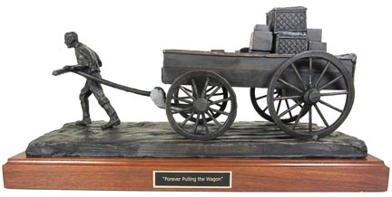 Man pulling 1800's Buckboard Wagon bronze statue 6